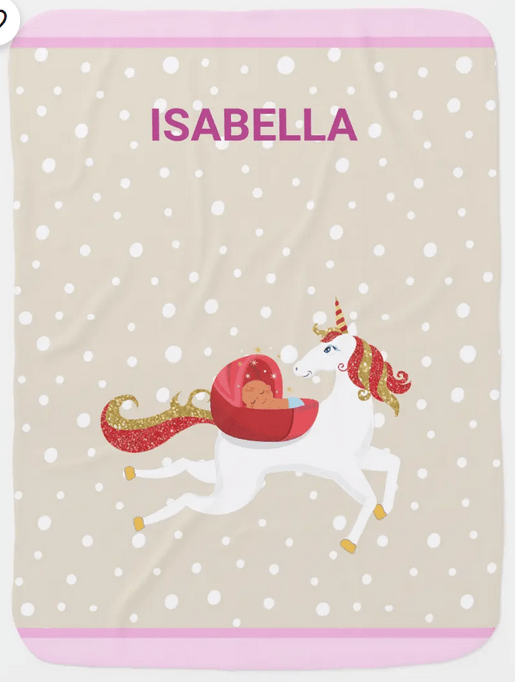 Personalized name newborn blanket with unicorn for a Brown baby girl