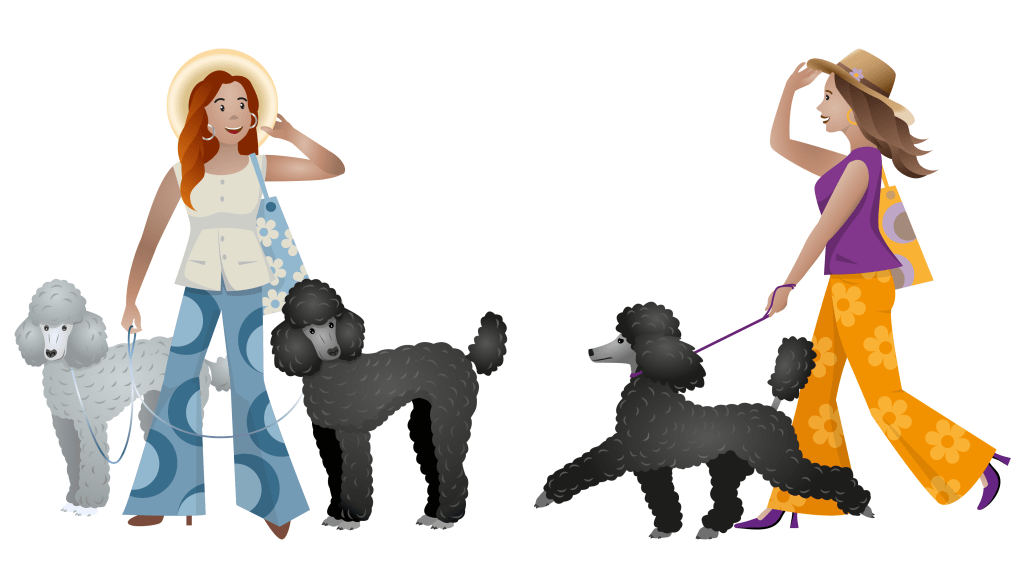 Two women with three poodles