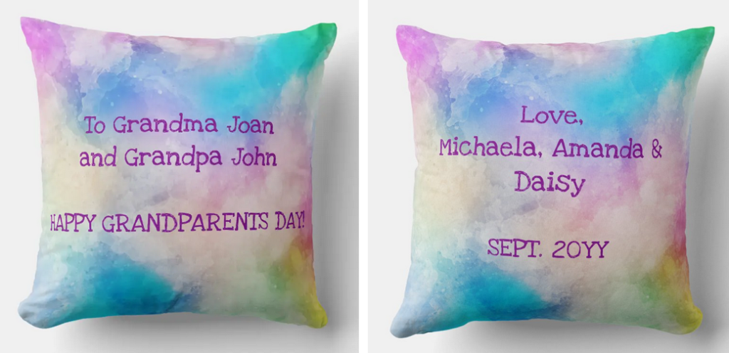 Watercolor-splashed throw pillow for Grandparents Day, with personalized names