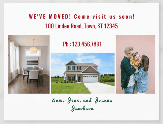 Simple, minimal, elegant moving announcement postcard with 3 photos