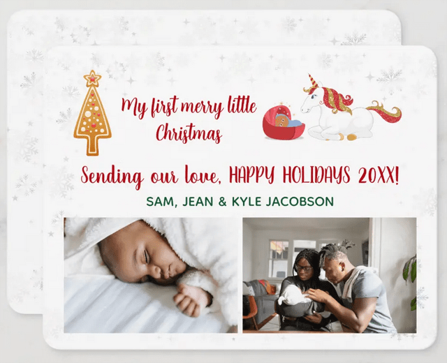 Cute Christmas photo card with two images and an illustration of a unicorn watching over a bassinet with a Brown baby with hazelnut skin