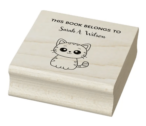 Rubber stamp for a personalized bookplate, with a cartoon of a cute kawaii cat