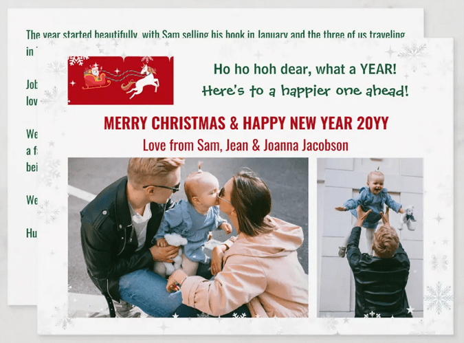 Cute and funny photo Christmas card with santa, a unicorn, and ho ho hoh dear, what a year