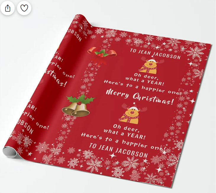 Cute, funny personalized Christmas wrapping paper with Rudolph the Reindeer saying "Oh deer, what a year!"
