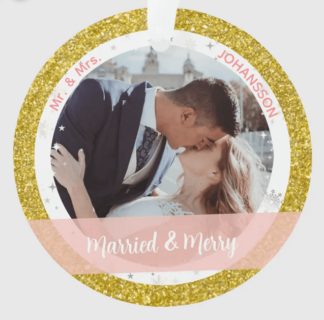 Elegant, modern Married and Merry Christmas ornament for married couples, with 2 photos and a frame of faux golden glitter