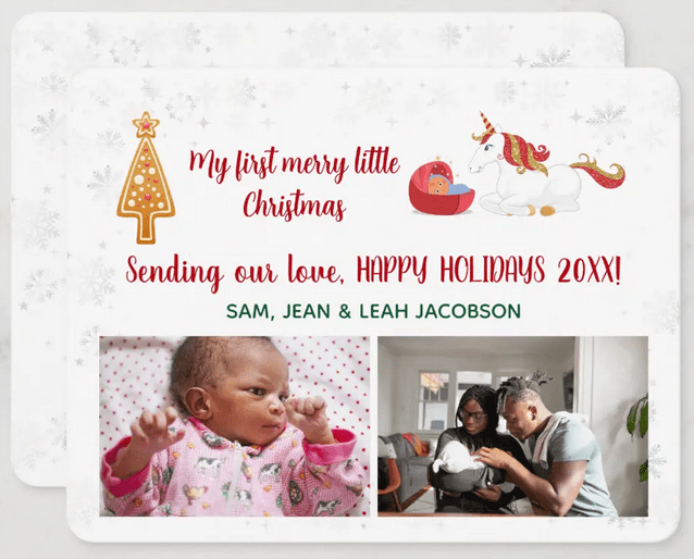 Cute New baby Christmas photo card customized for a Brown baby with caramel skin. With a unicorn and a newborn in a bassinet