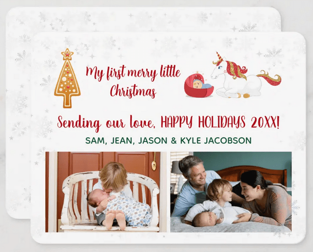 Cute Christmas photo cards announcing the birth of a child. With a unicorn and a light-skinned newborn in a bassinet