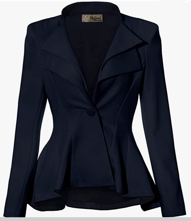 Blazer jacket with a double-notch lapel, one button, and a flared buttom