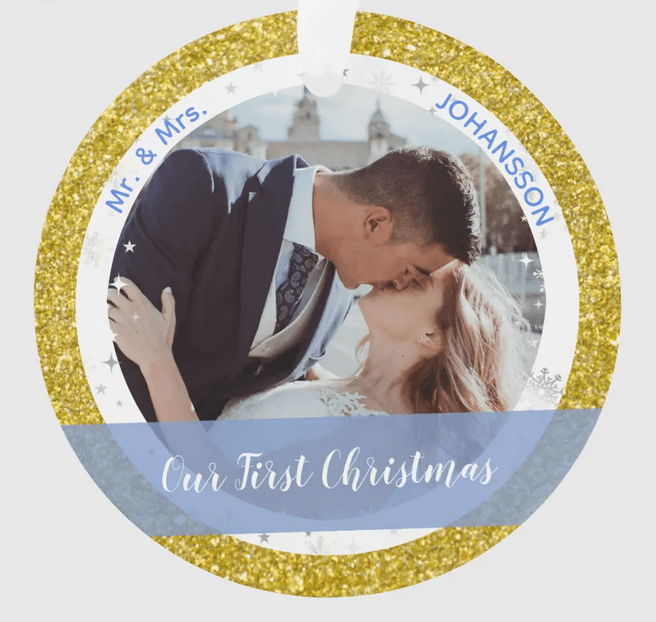 Elegant, trendy Xmas ornament for recently married couples, reading Our First Christmas as Mr. and Mrs.