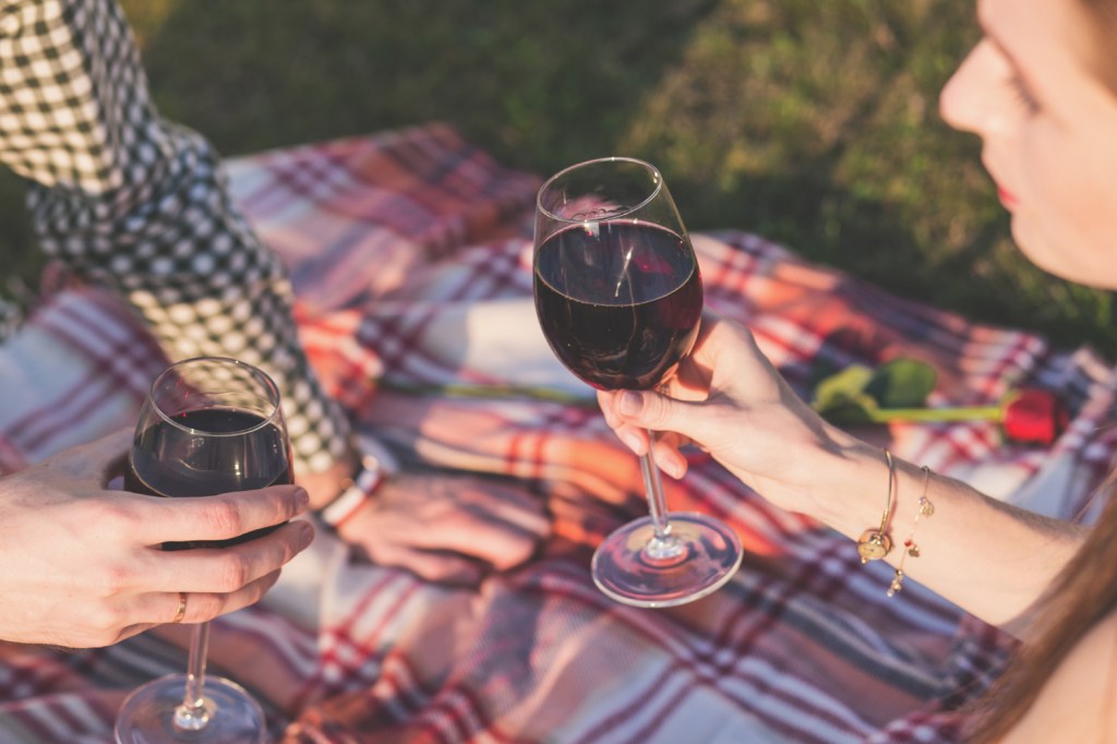 Couple at a picnic with glasses of red wine