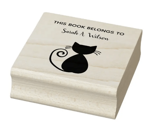 Personalized name book stamp for cat lovers with a cute, artsy kitty silhouette