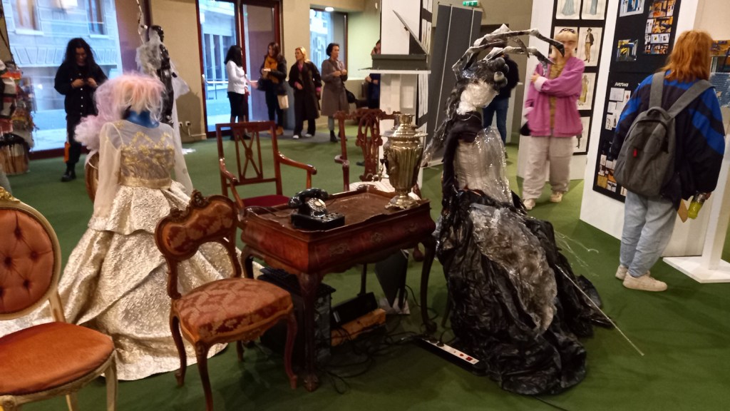Imaginative period costumes for women in the foyer of the "Sala Mica" of the TNB in Bucharest