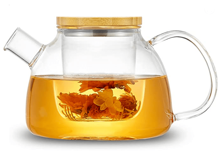 34 oz/1 liter borosilicate tea pot with removable clear infuser for loose tea. Also works as a tea kettle on an open flame or electric ceramic heater