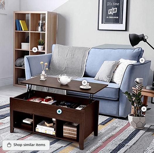 Lift tabletop living room coffee table and makeshift desk with shelves and a storage compartment