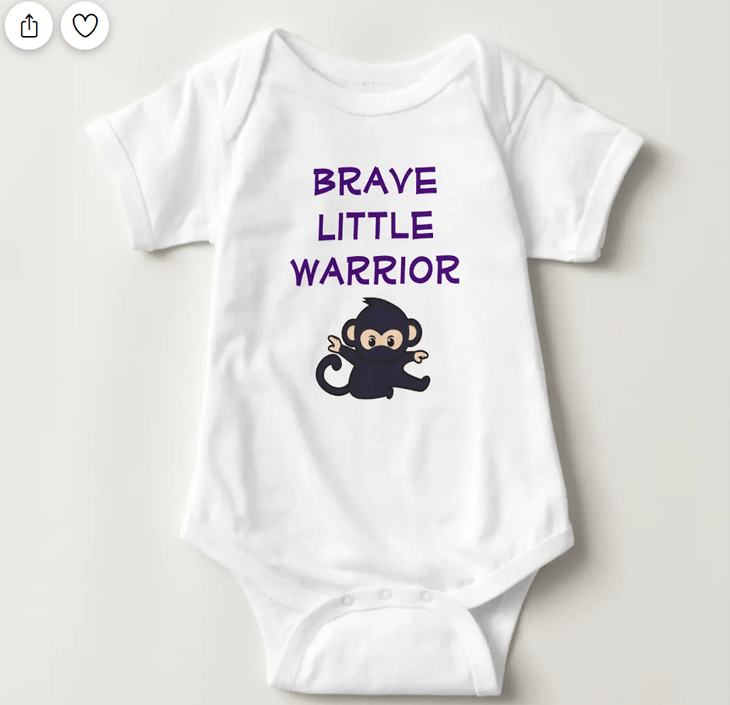 Babby Bodysuit with the text "Brave Little Warrior" and a cartoon ninja monkey