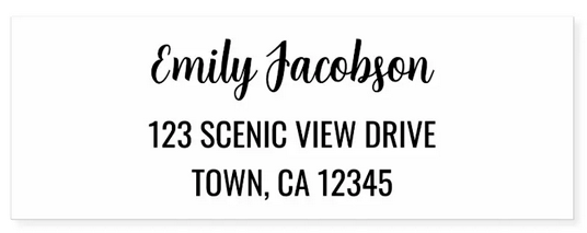 Online DIY return address stamp with a cursive script for the name and all-caps lettering for the address