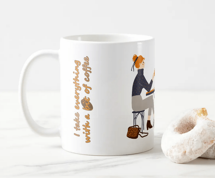 Mug with a coffee quote and two friends in conversation while enjoying a cup of java