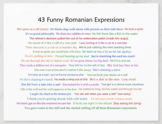 Postcard with 43 Romanian phrases and sayings. Popular humorous Romanian expressions