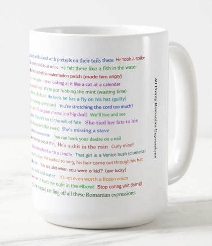 Tall coffee mug with 43 funny Romanian expressions (humorous phrases and sayings). Popular Romanian humor