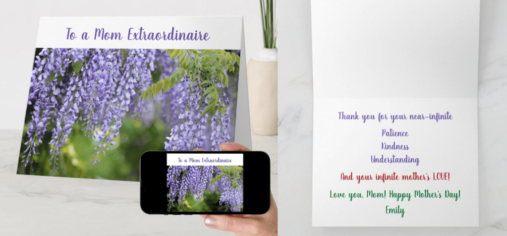Personalized greeting card for Mom's birthday or Mother's Day with a superb photo of purple wisteria flowers. Note that you can download this card instantly
