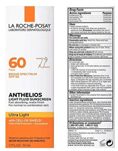 Broad Spectrum SPF 60 sunscreen from La Roche Posay, light fluid lotion, matte finish, non-greasy, dermatological skincare