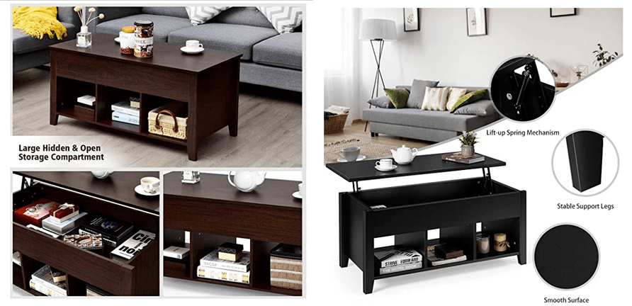 Lift-top coffee table from Tangkula with efficient storage and great design: one continuous tabletop, one large hidden compartment and a bottom shelf with 2 sections
