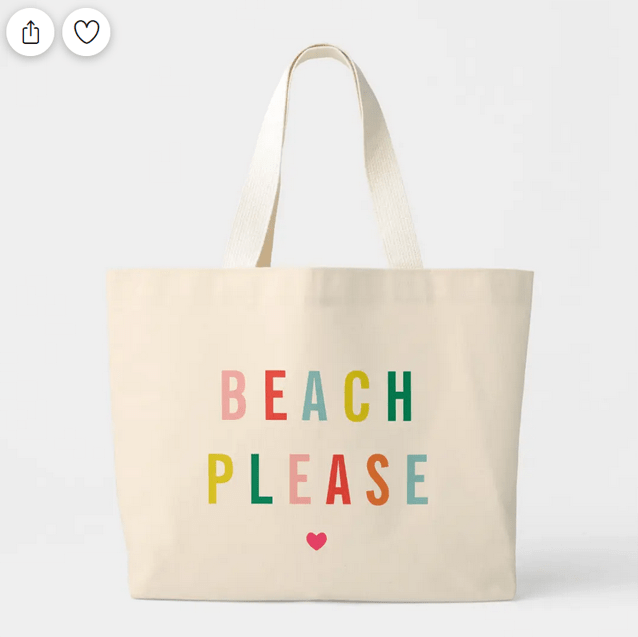 Beach lover tote, with the words "Beach please" in trendy 2023 colors and a heart emoji