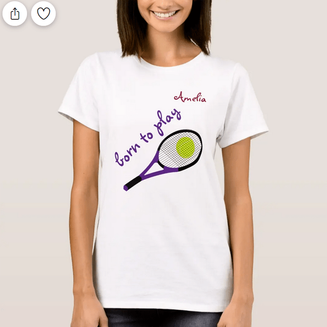 "Born to play" T-shirt with a personalized name for a future tennis champion. With a tennis ball and racquet