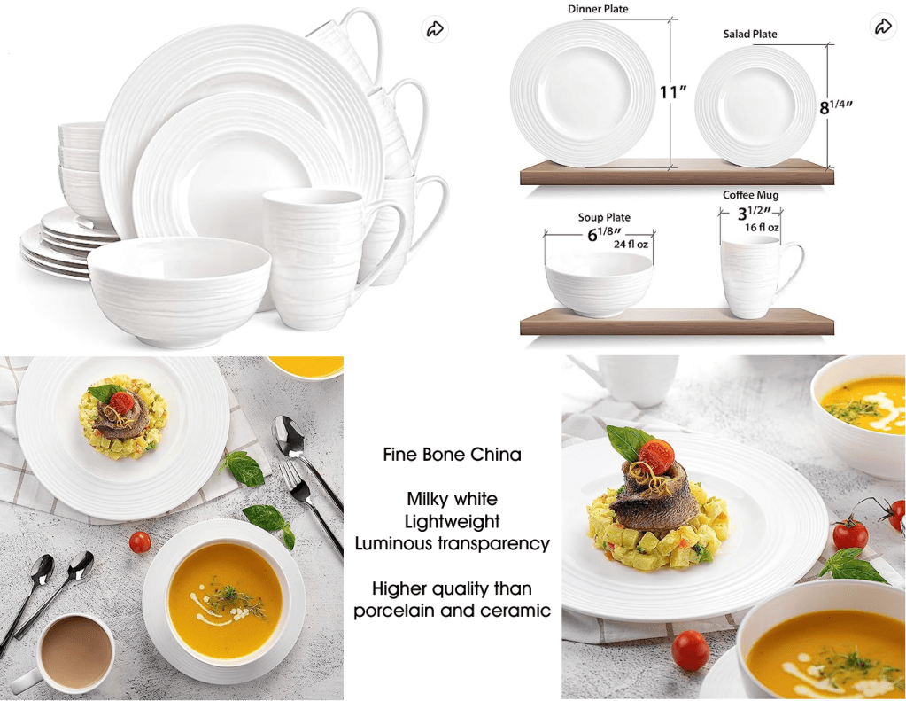 Infinity fine bone china dinnerware set from Divitis, milky white, luminous, and higher quality than porcelain and ceramic
