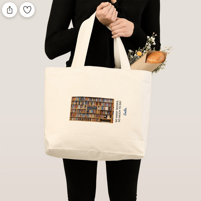 Tote bag that would make a great gift for a book lover, with a "so many books" quote and a personalized name
