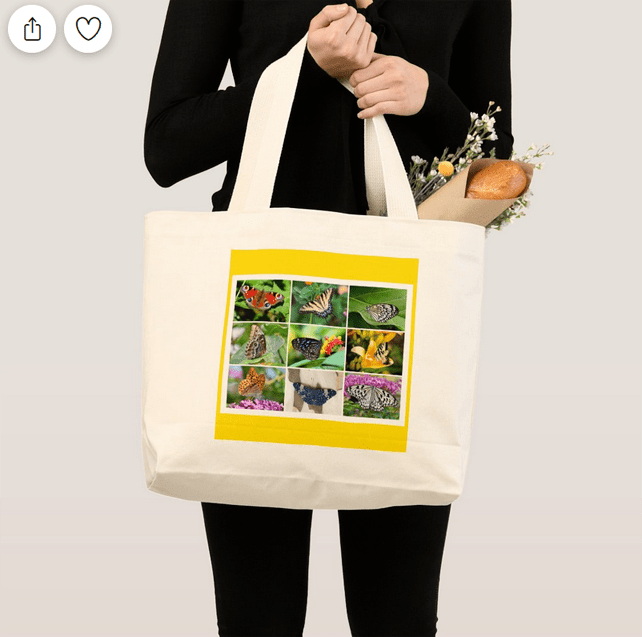 Jumbo tote bag with a collage of butterfly photos, perfect gift for nature lovers, be they preteens, teens, or adults