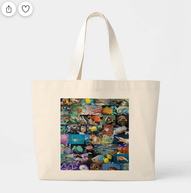 Jumbo tote bag, great birthday or Christmas gift for a teen or preteen in love with marine life (photo collage shows coral reef fish and animals)