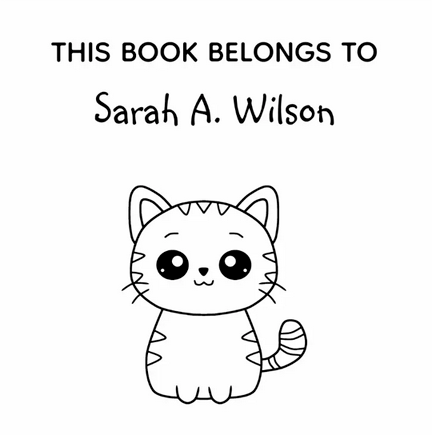 Personalized name rubber stamp for a bookplate for little kids or kawaii-style, cat-loving adults, with a cute kawaii cat and the text "This book belongs to"