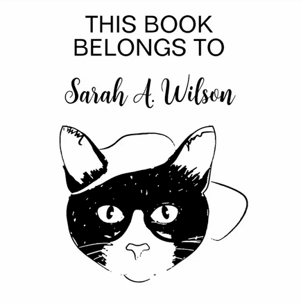 Personalized name ex libris book stamp with a nerdy cat wearing a baseball hat backwards, a name in elegant cursive handwriting, and the text "This book belongs to"