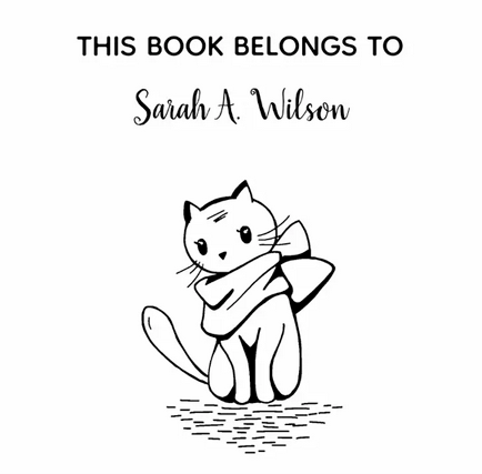 Personalized name book stamp for kids and adults with the text "This book belongs to" and a cute, chic cat or kitten with an elegant scarf