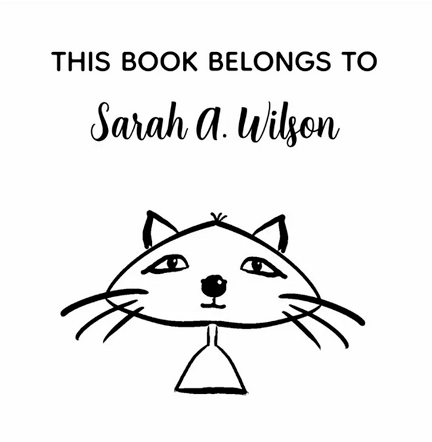 "This book belongs to" ink stamp for a bookplate with a personalized name in cursive handwriting and a cool, funny cat, for humor-loving kids and adults