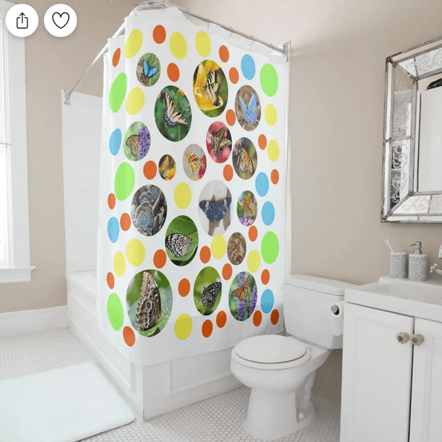 Shower curtain for kids and nature lovers with colorful polka dots and various butterflies, including Old World swallowtail, monarch, and blue tiger