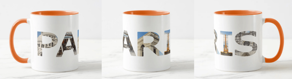 Coffee mug for lovers of the French capital with top attractions spelling the word PARIS: the Sacré-Coeur Basilica, 
a table at a sidewalk café in the Beaubourg District, the Arc de Triomphe, the Eiffel Tower, 
and the Notre-Dame Cathedral 