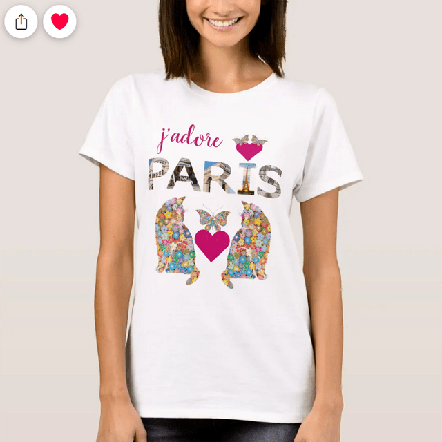 j'adore Paris T-shirt with two cats and two butterflies in love and Paris tourist attractions seen in the letters