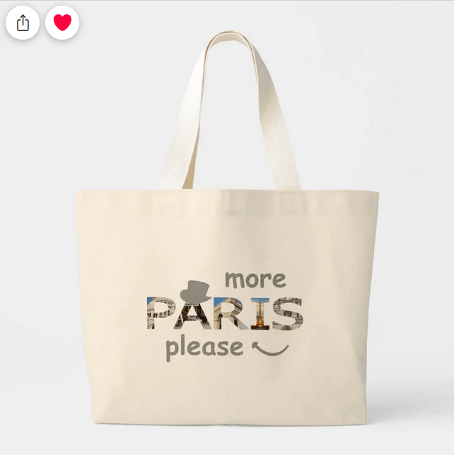 Large quality tote bag for people who are in love with Paris. Includes the slogan "more Paris please," a cabaret hat, and a smile. With faux silver glitter