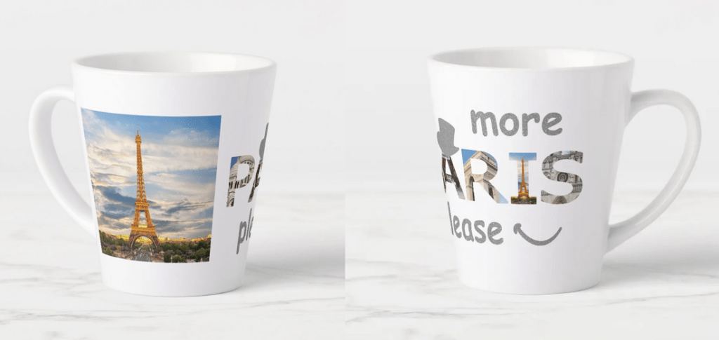 Small latte mug with "more Paris please," with Paris landmarks in the letters and the words and a cute and funny Moulin Rouge hat in faux silver glitter. With a photo of the Eiffel Tower and a cute smiley mouth