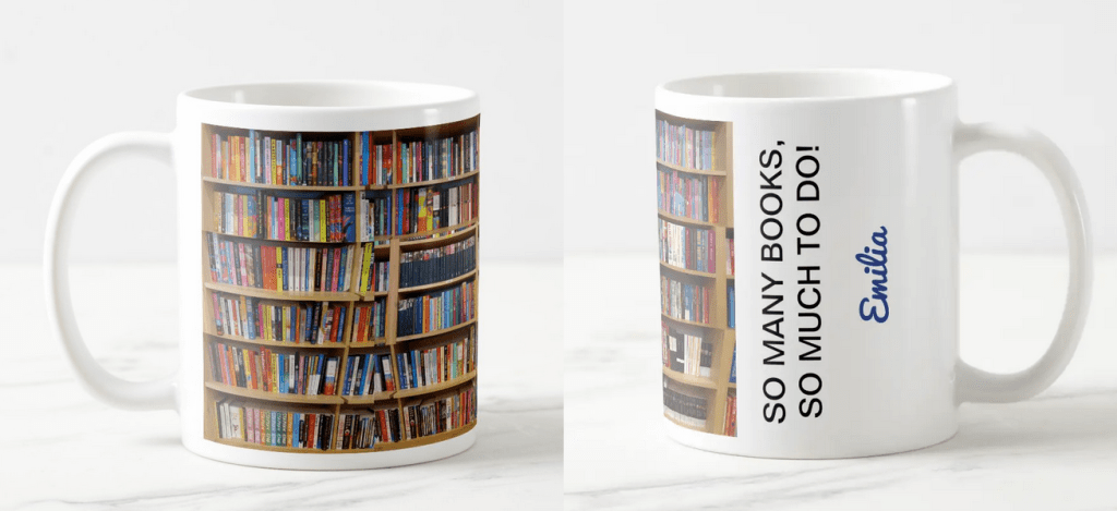 Personalized name mug for book lovers with the quote "So many books, so much to do" and a collage of photos of bookshelves