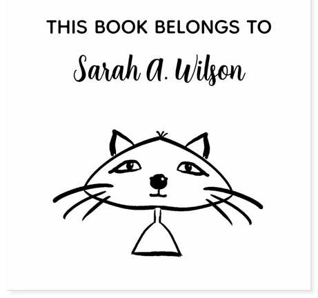 "This book belongs to" personalized name book stamp with the head of a cool, funny cat