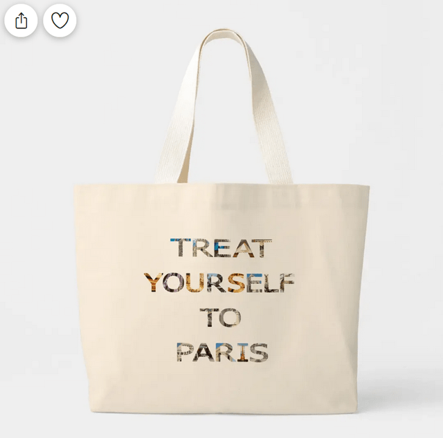 Treat Yourself To Paris jumbo tote bag with various Paris landmarks, including the Notre-Dame Cathedral, Sacré-Coeur Basilica, the Louvre Pyramid, Eiffel Tower, the Arc de Trimophe, and Musée d'Orsay
