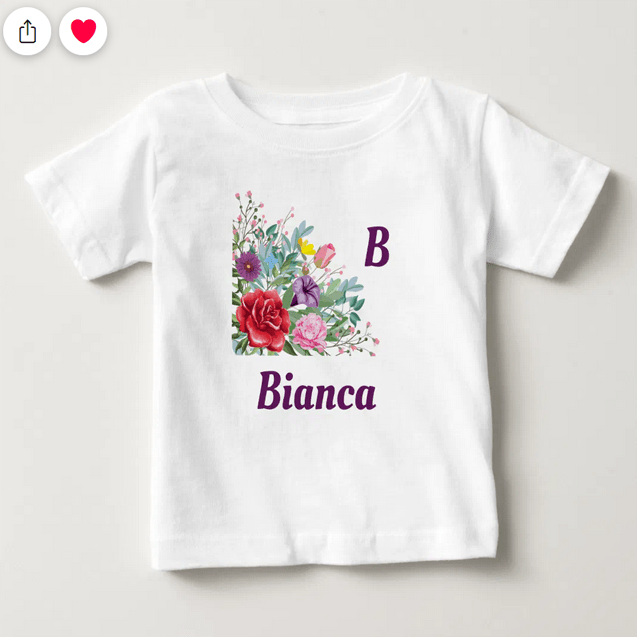 Custom-made tee for a newborn. The provisional name reads Charlotte. With an elegant and cute illustration of a flower bouquet.