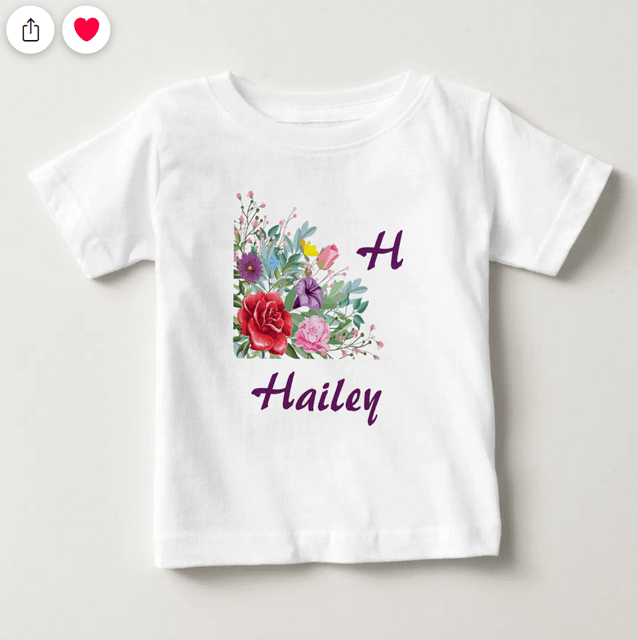 Personalized name T-shirt for a new baby, spelling Hailey. Name can be customized. With an elegant and cute floral illustration.