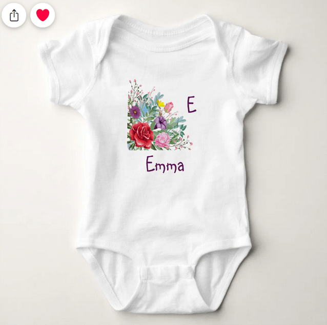 Personalized name one-piece for a baby, reading Emma in a cute, playful font. With an elegant floral illustration of a bunch of flowers, including a rose, peony, petunia, tulip, daisy, and others.