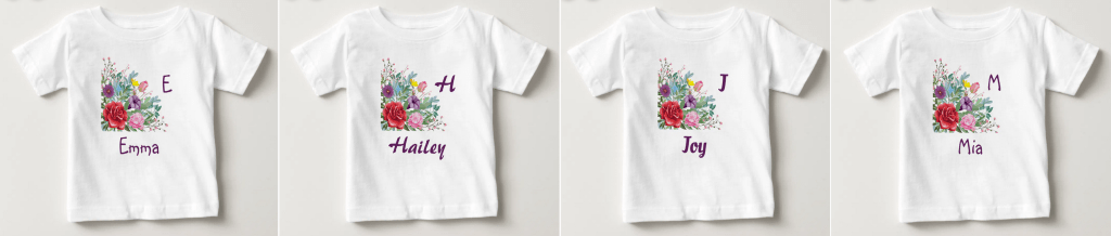 Personalized name tees for newborns with different fonts, reading Emma, Hailey, Joy, and Mia. With an elegant and cute illustration of a floral bouquet.