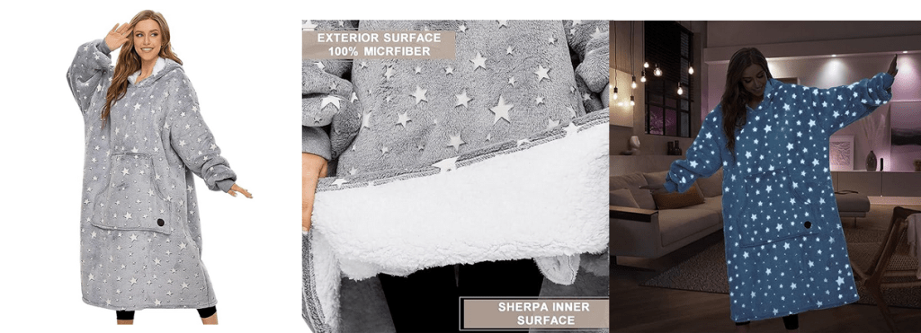 Wearable blanket hoodie from Three Poodles, one size fits all, with glow in the dark stars. With microfiber and sherpa lining