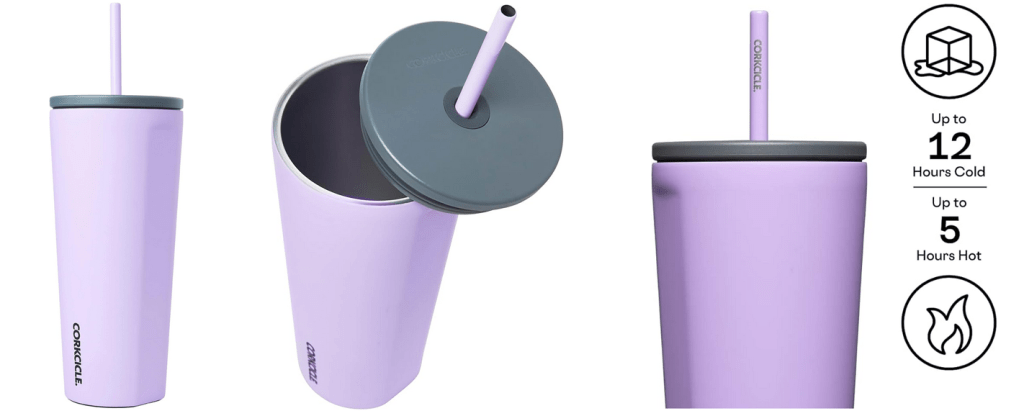Corkcicle triple-insulated stainless steel 24 oz travel mug (tumbler), with a spill-proof seal on the lid and a ceramic-coated straw. BPA free. With easy-grip flat sides.